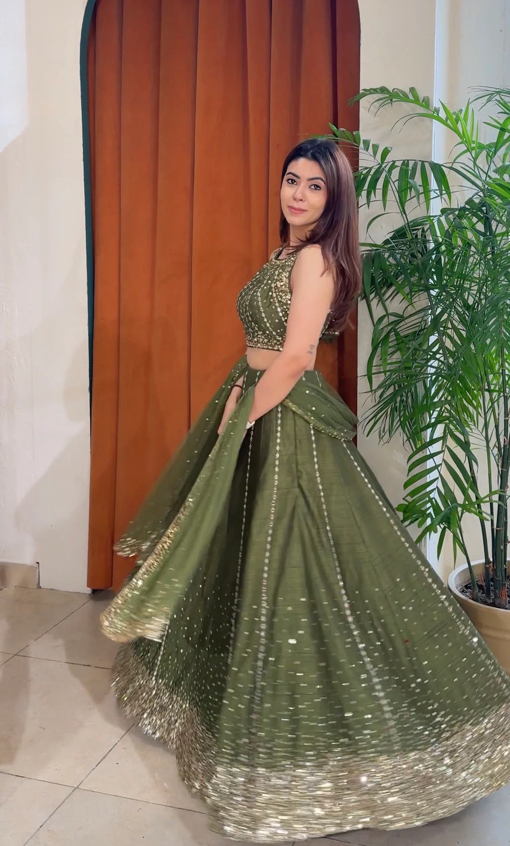 Olive Thai Silk Sequins Lehenga Set