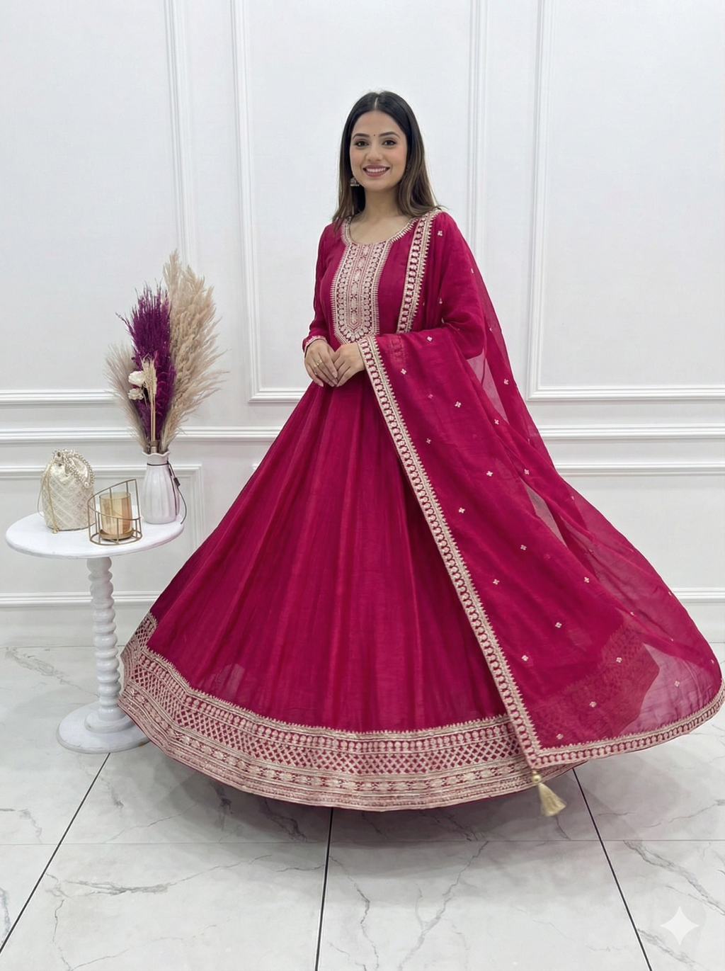 Pure Vichitra Silk Fully Flared Anarkali Gown Set