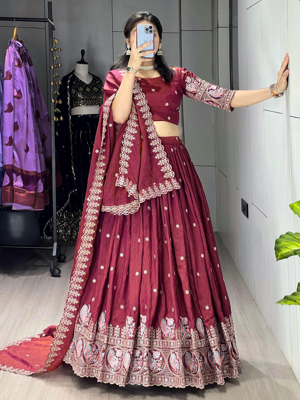 Classical Burgundy Embroidered Lehenga Set