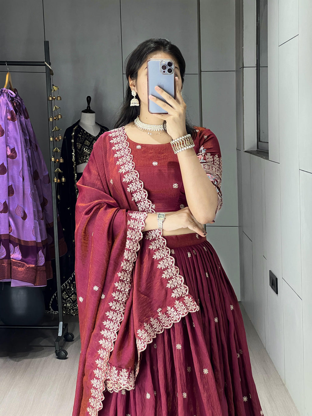 Classical Burgundy Embroidered Lehenga Set