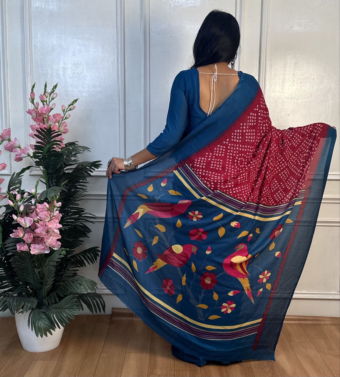 Panchi Bandhani Moss Chiffon Saree