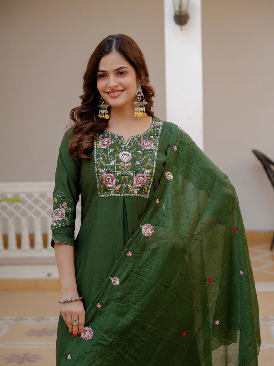 Embroidered Viscose Mango Silk Kurti Pant Set