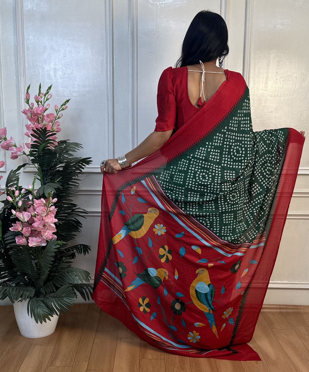 Panchi Bandhani Moss Chiffon Saree