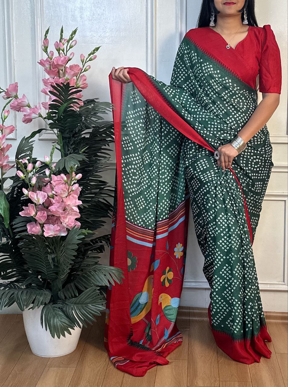 Panchi Bandhani Moss Chiffon Saree