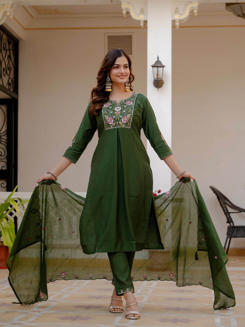 Embroidered Viscose Mango Silk Kurti Pant Set