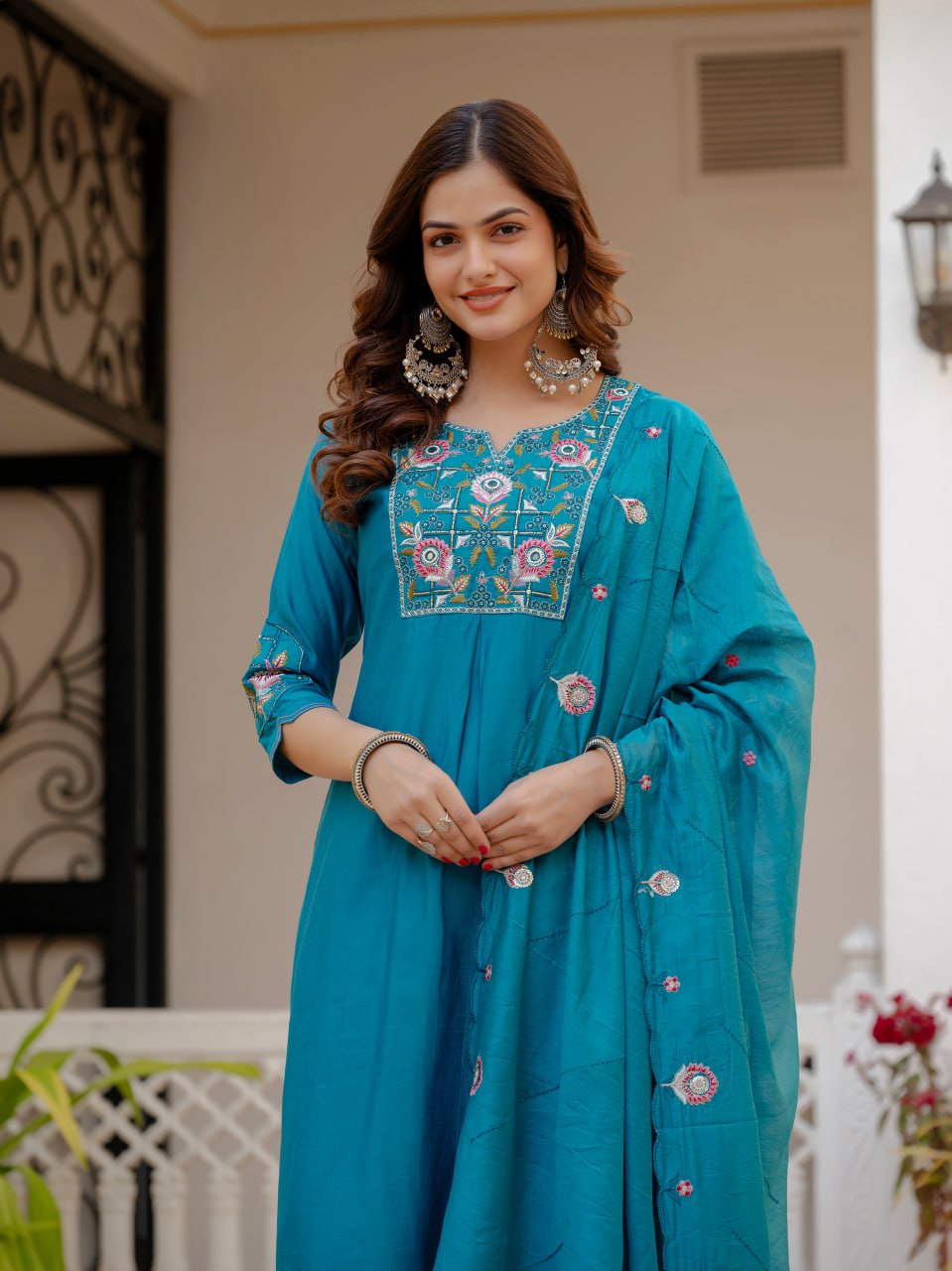 Embroidered Viscose Mango Silk Kurti Pant Set