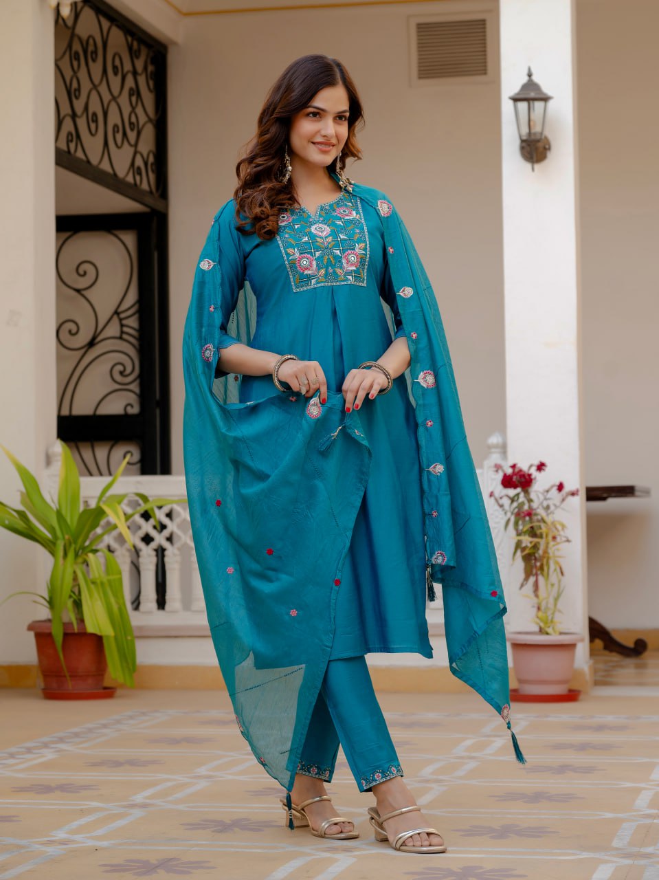 Embroidered Viscose Mango Silk Kurti Pant Set