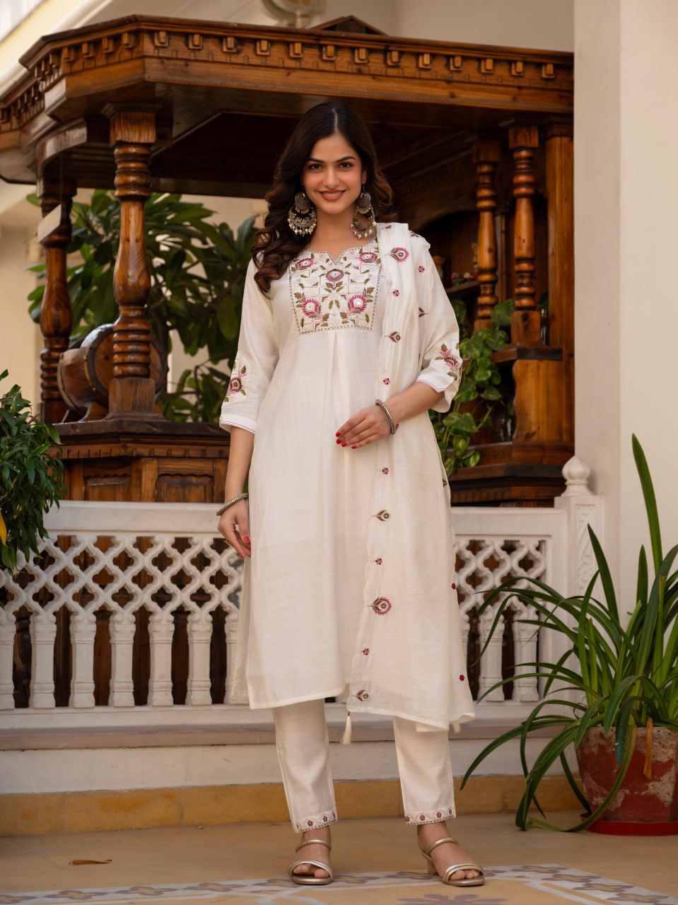 Embroidered Viscose Mango Silk Kurti Pant Set