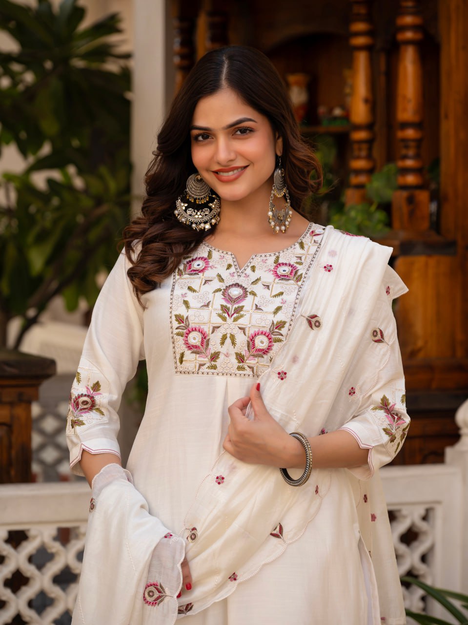 Embroidered Viscose Mango Silk Kurti Pant Set