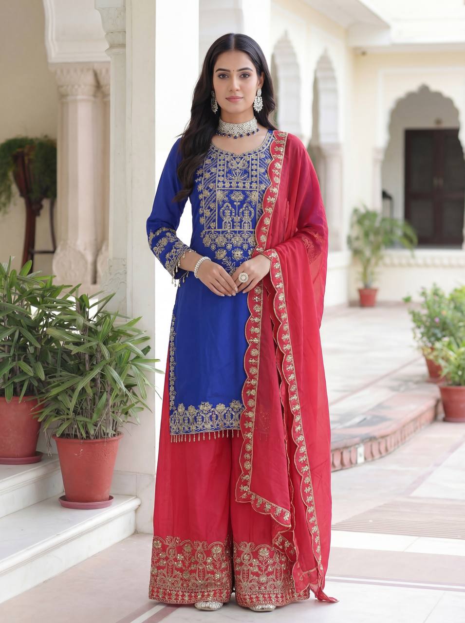 Chinon Silk Embroidered Designer Sharara Set