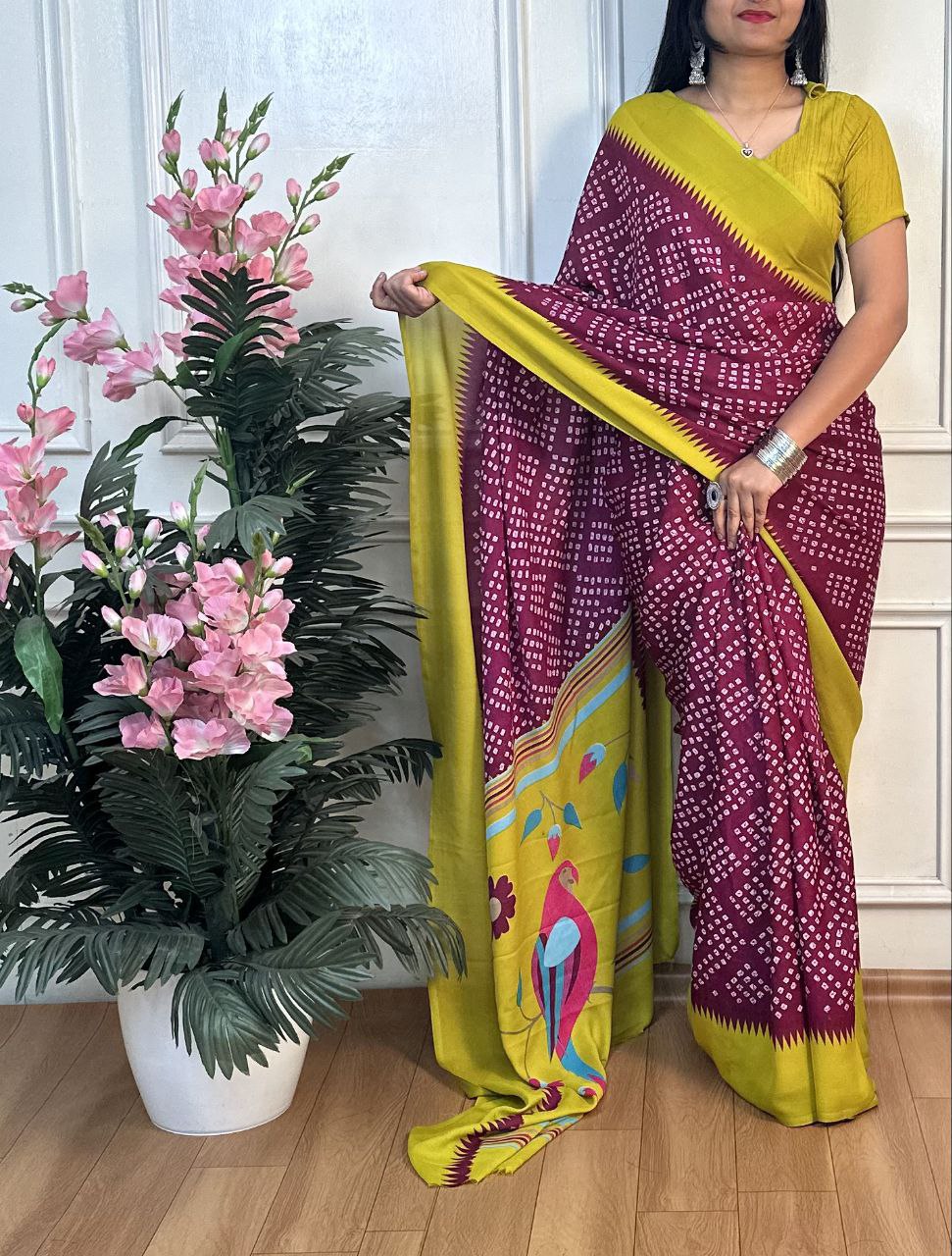 Panchi Bandhani Moss Chiffon Saree