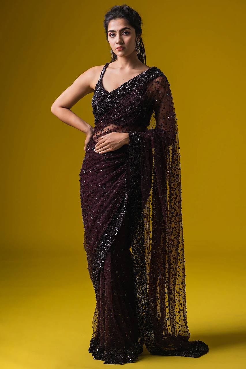 Hologram Sequin Net Saree Set