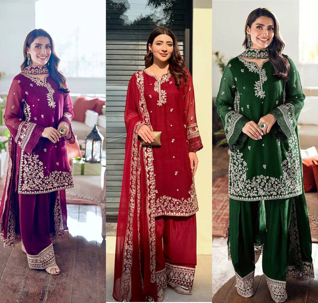 Embroidered Top Plazo & Dupatta Set