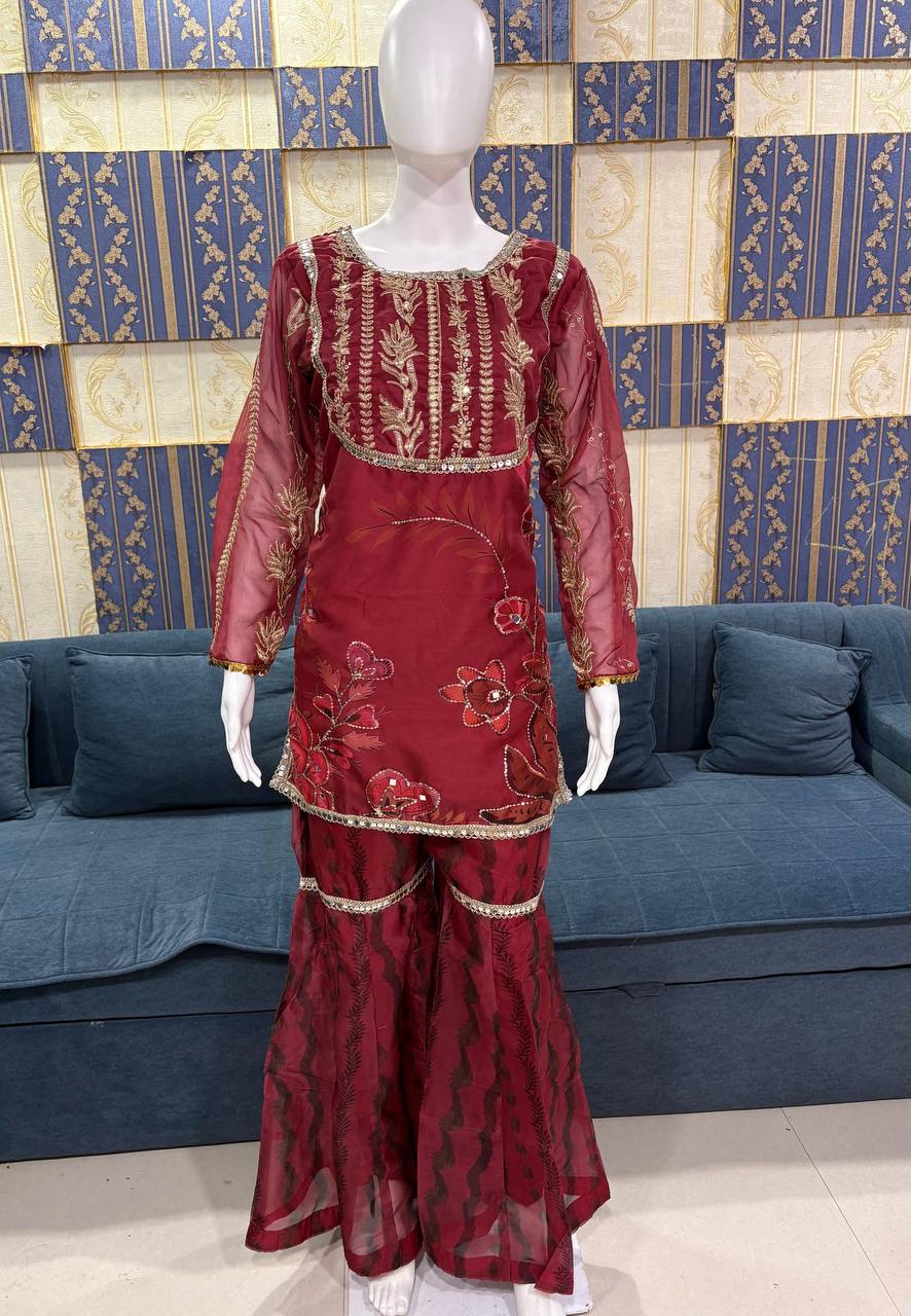 Tabby Silk Mirror Work Kurta Palazzo Set