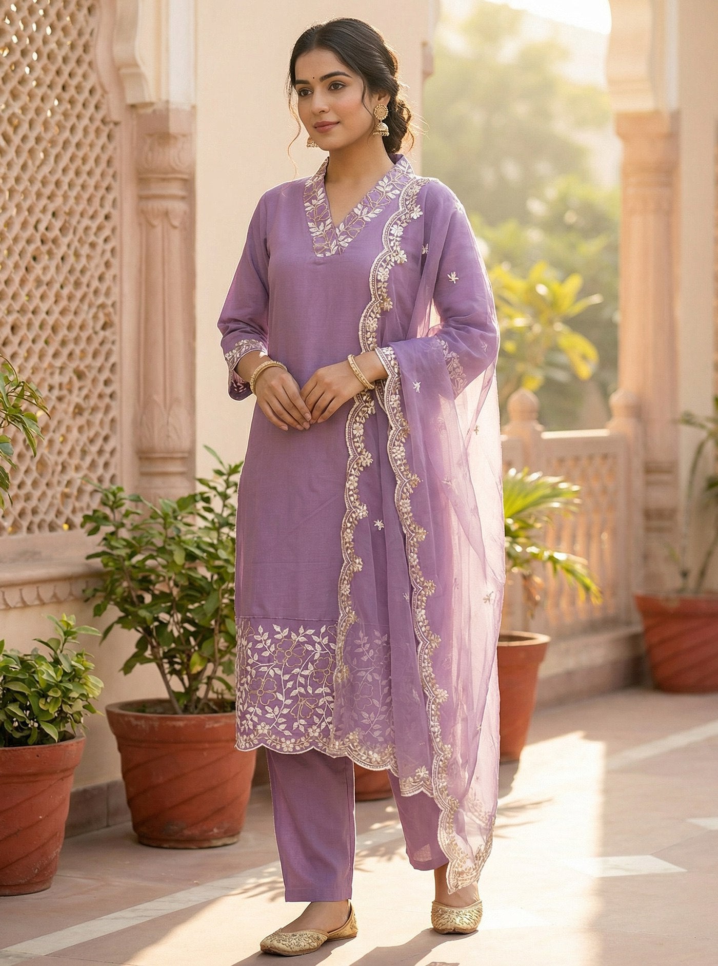 Lavender Embroidered Kurta Pant Dupatta Set