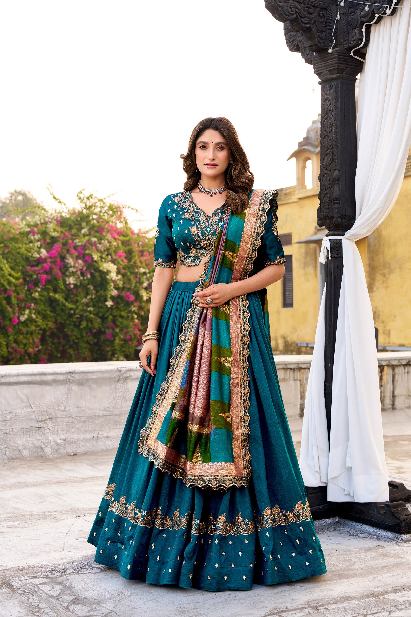 Vichitra Silk Embroidered Lehenga Choli Set