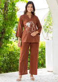 Brown Embroidered Crepe Kurta Co-Ord Set