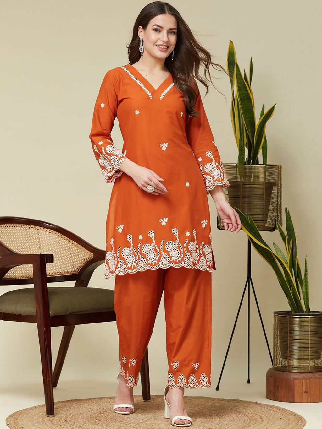 Orange Embroidered Crepe Kurta Co-Ord Set
