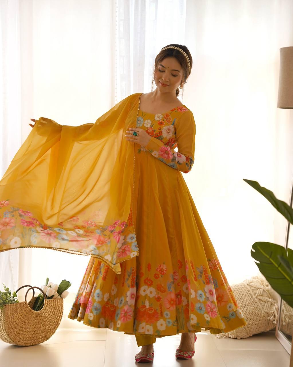 Floral printed organza Anarkali suit
