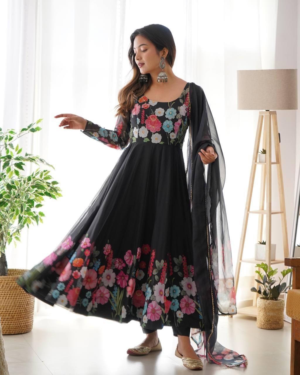 Floral printed organza Anarkali suit