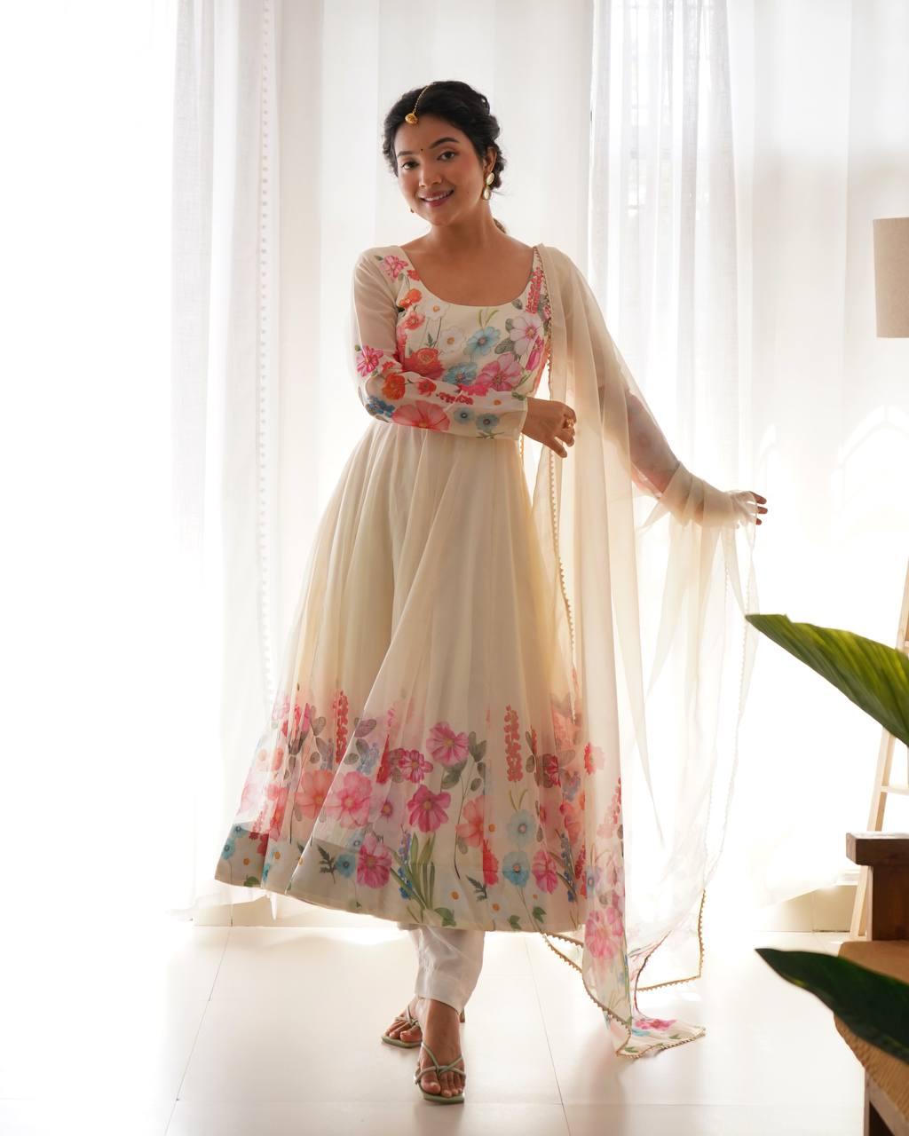 Floral printed organza Anarkali suit