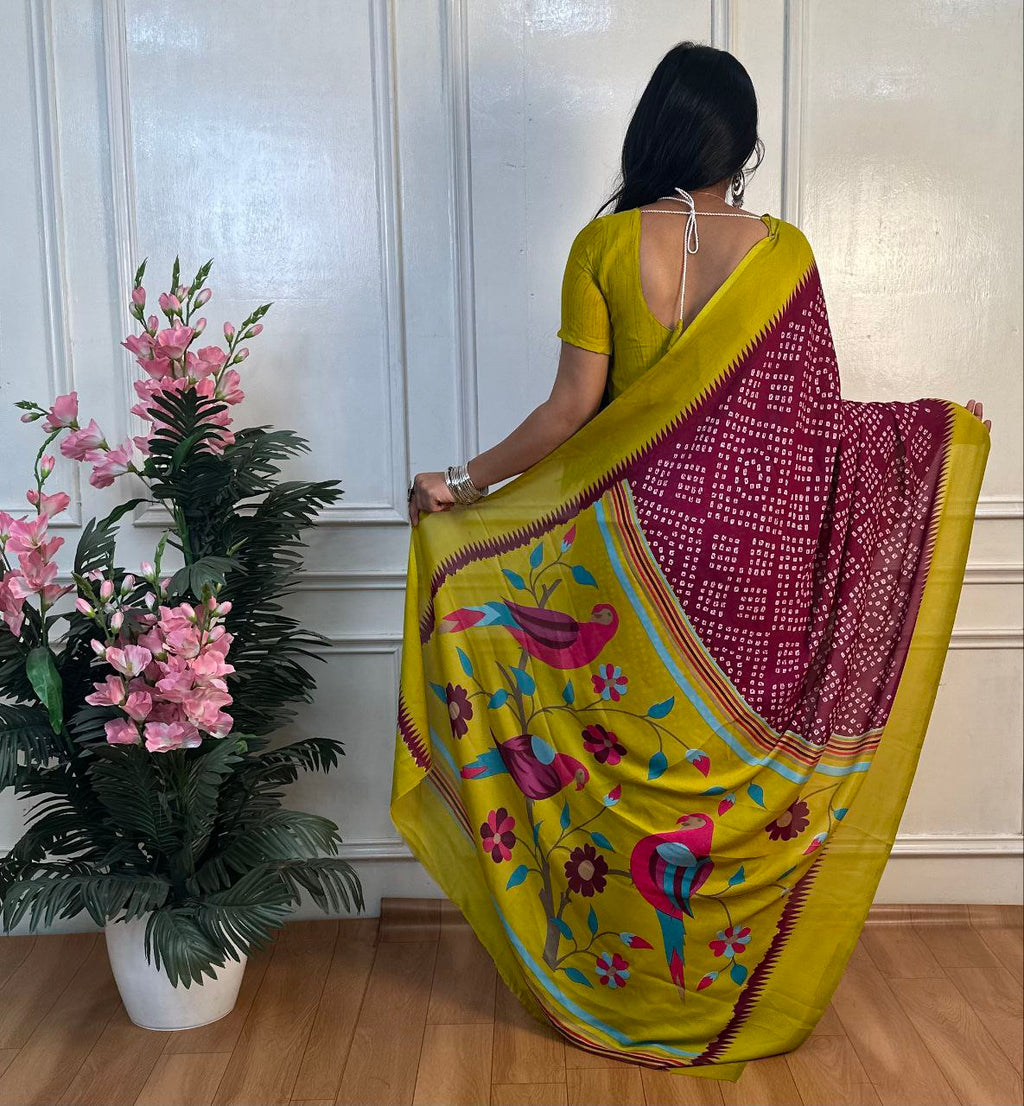 Panchi Bandhani Moss Chiffon Saree