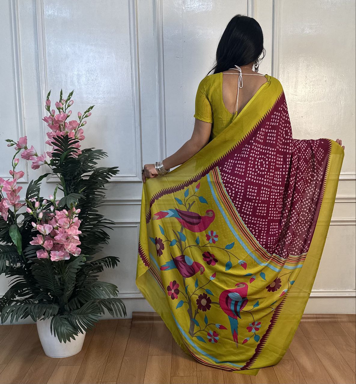 Panchi Bandhani Moss Chiffon Saree