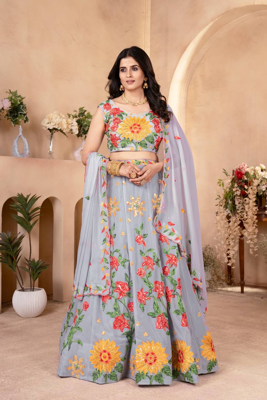 Floral Embroidered Faux Georgette Lehenga Choli