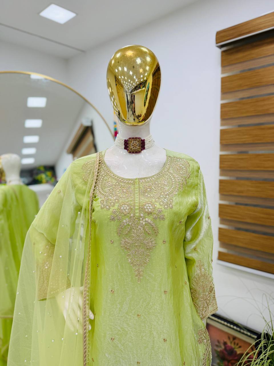 Embroidered Fandy Silk Top Palazzo Dupatta Set