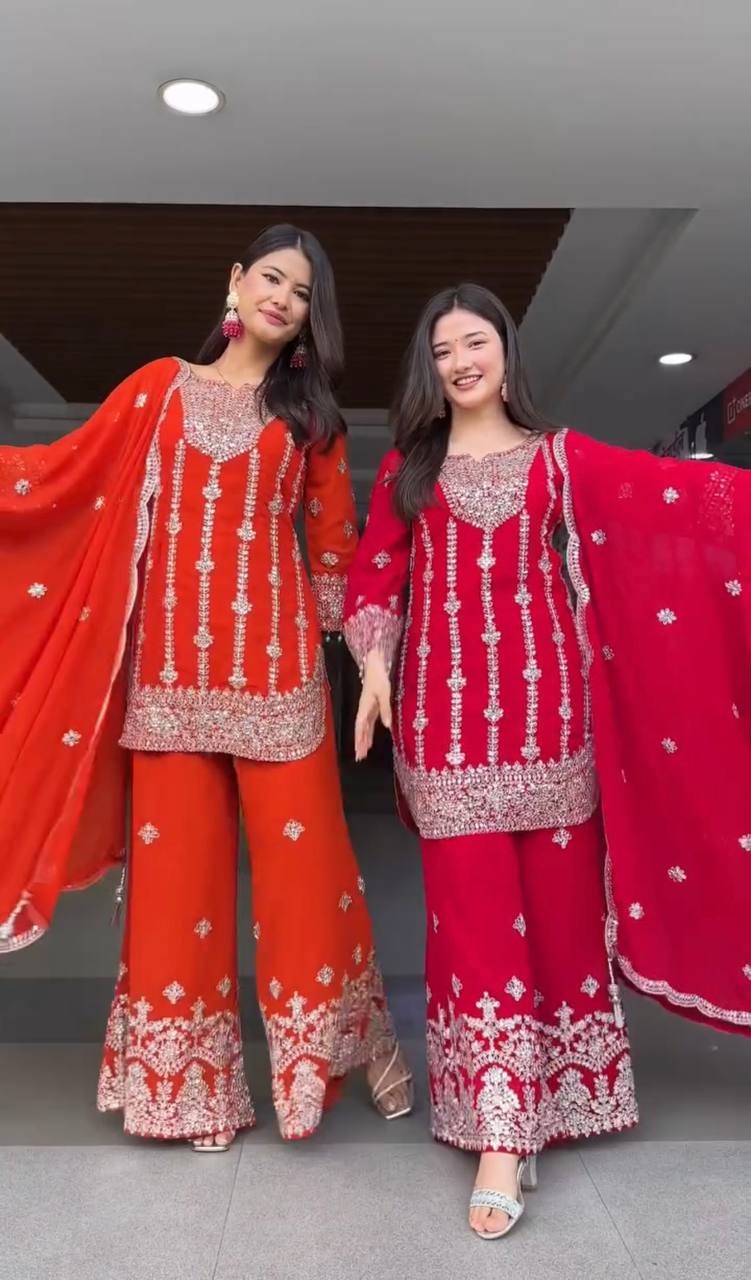 Embroidered Chinnon Silk Top Plazo & Dupatta Set