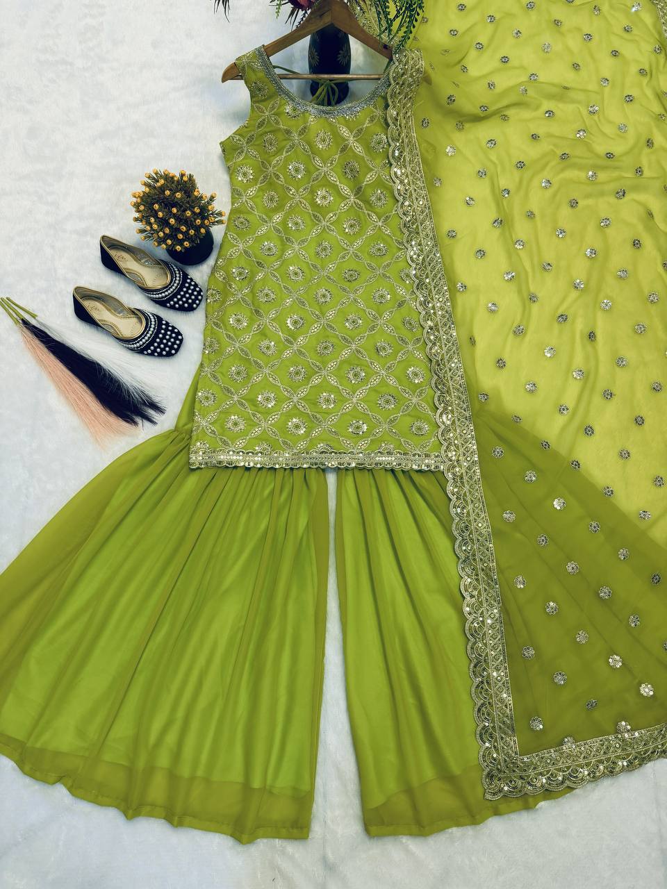 Embroidered Faux Georgette Sharara Palazzo & Dupatta Set