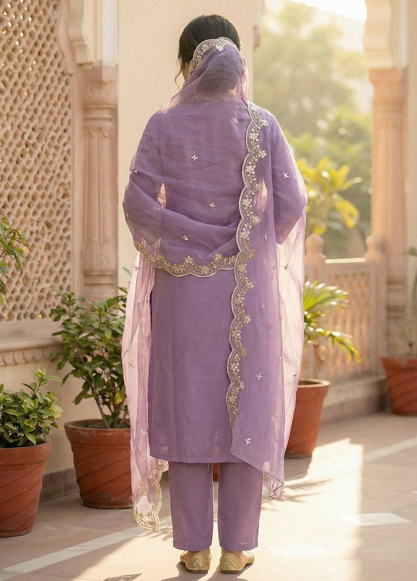 Lavender Embroidered Kurta Pant Dupatta Set
