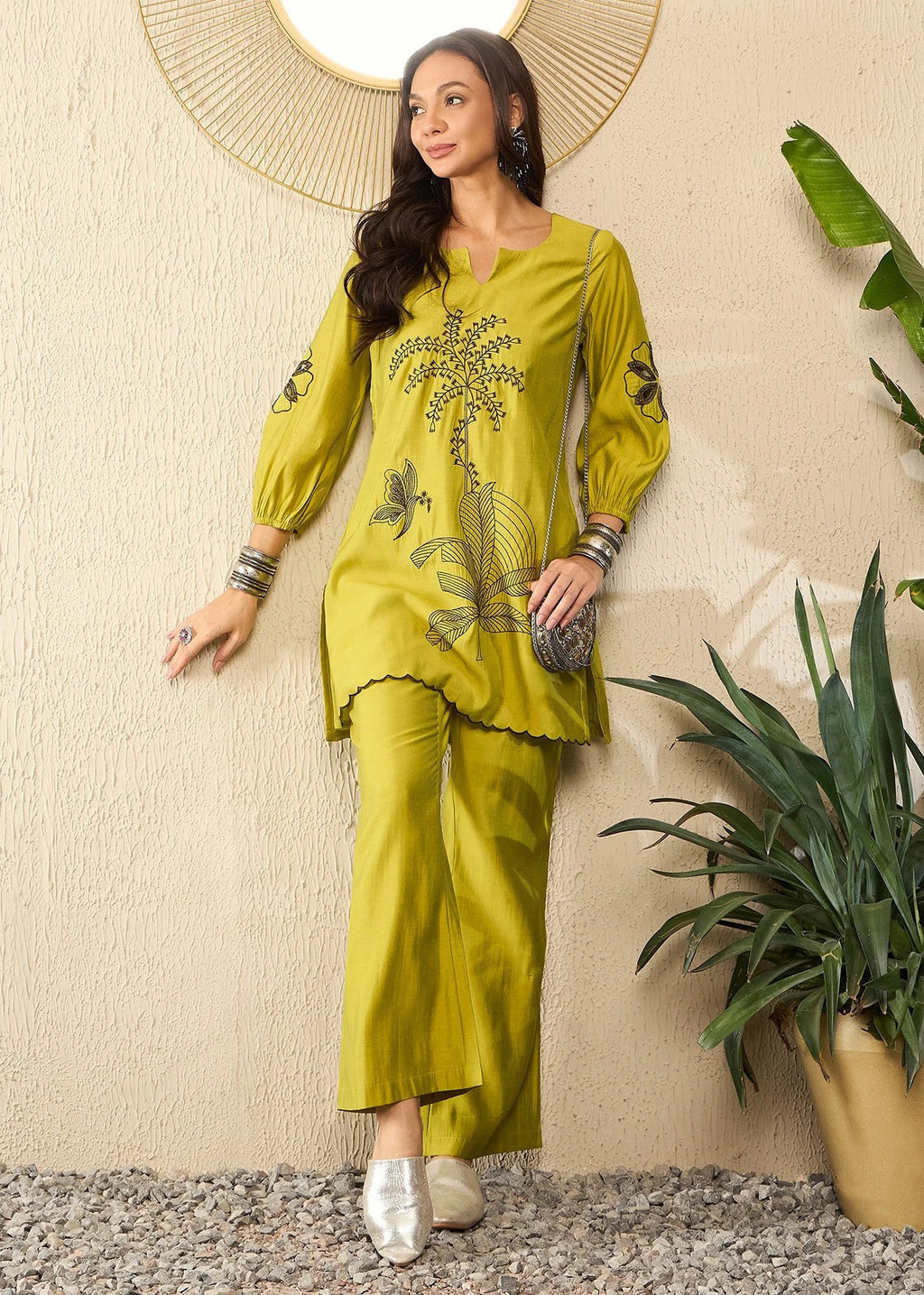 Mustard Embroidered Crepe Kurta Co-Ord Set