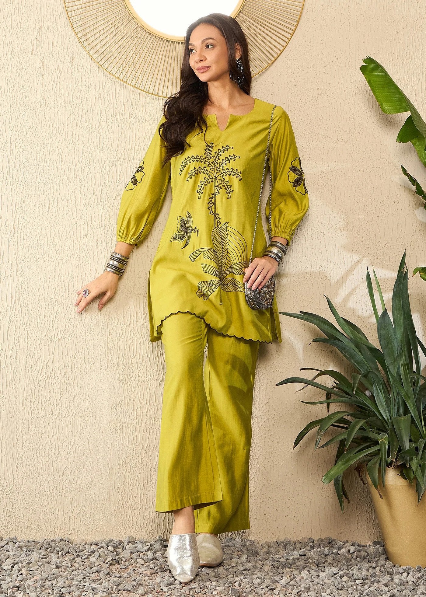 Mustard Embroidered Crepe Kurta Co-Ord Set