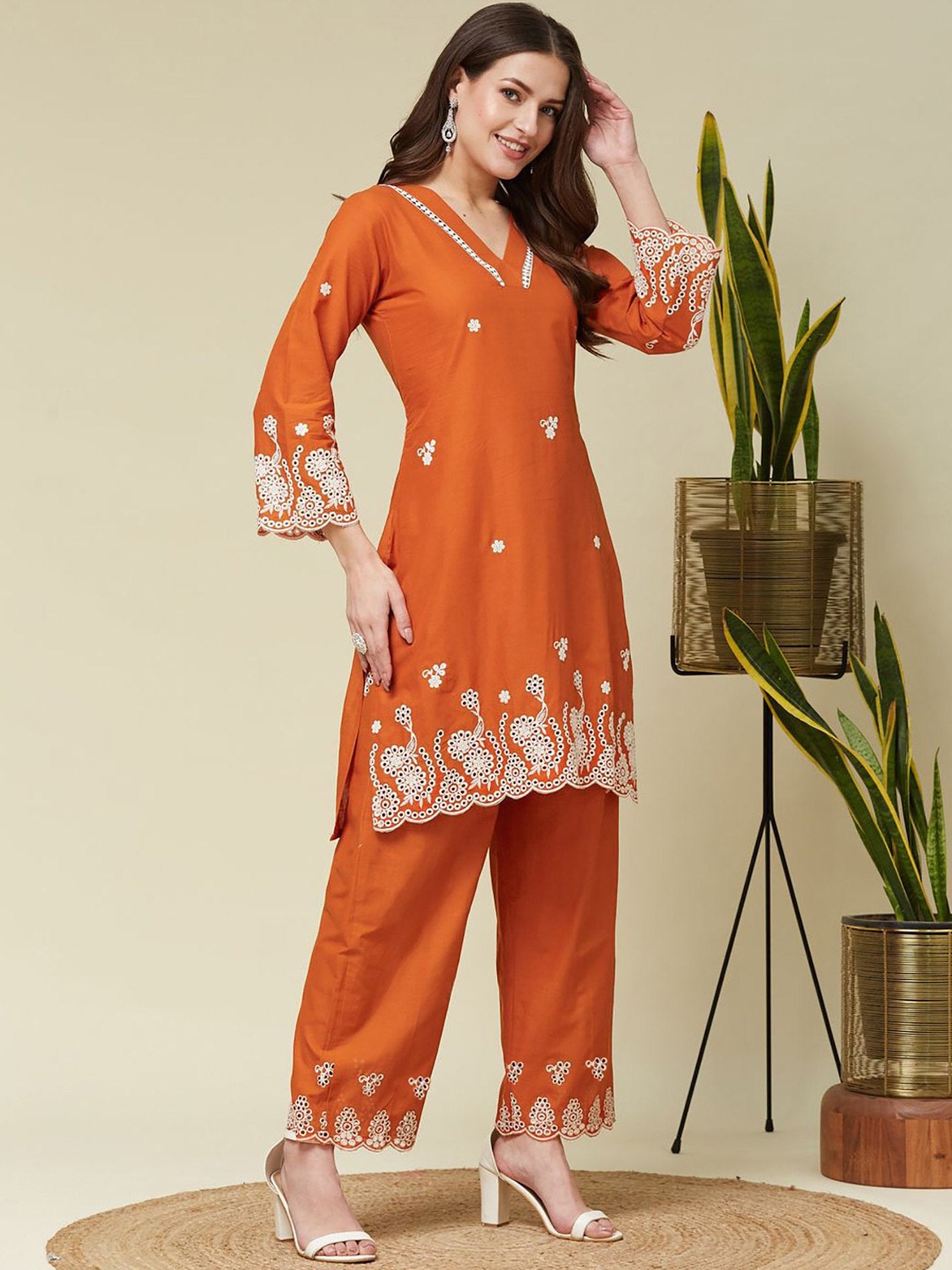 Orange Embroidered Crepe Kurta Co-Ord Set