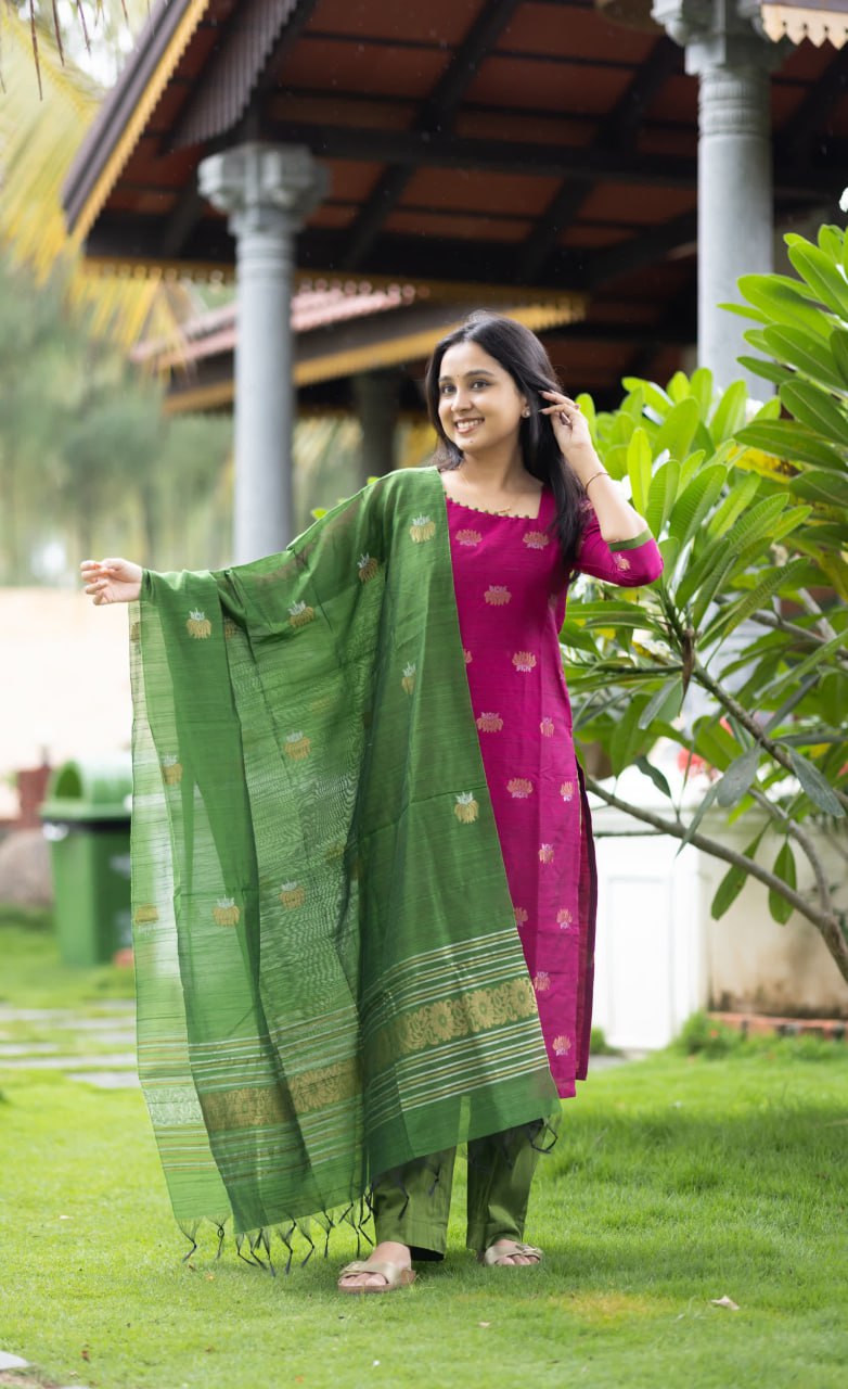 Kanchi Cotton Calf-Length Straight Kurta Set with Dupatta