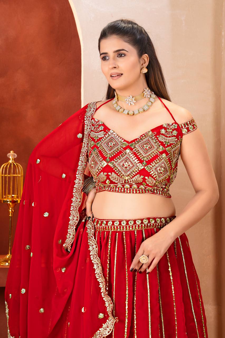 Royal Red Faux Georgette Bridal Lehenga Choli