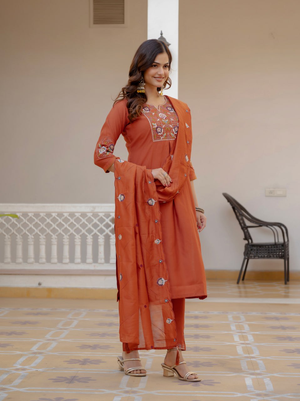 Embroidered Viscose Mango Silk Kurti Pant Set