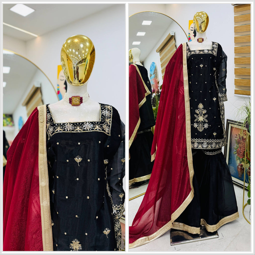 Designer Party Top Palazzo & Dupatta Set