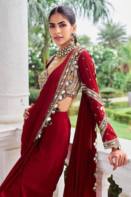 Ready-to-Wear Faux Georgette Mirror Work Saree