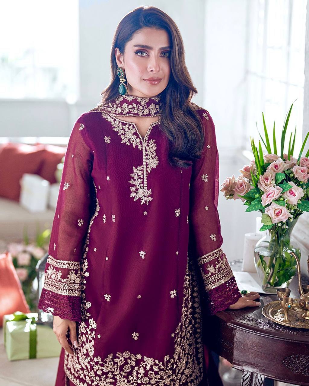 Embroidered Top Plazo & Dupatta Set