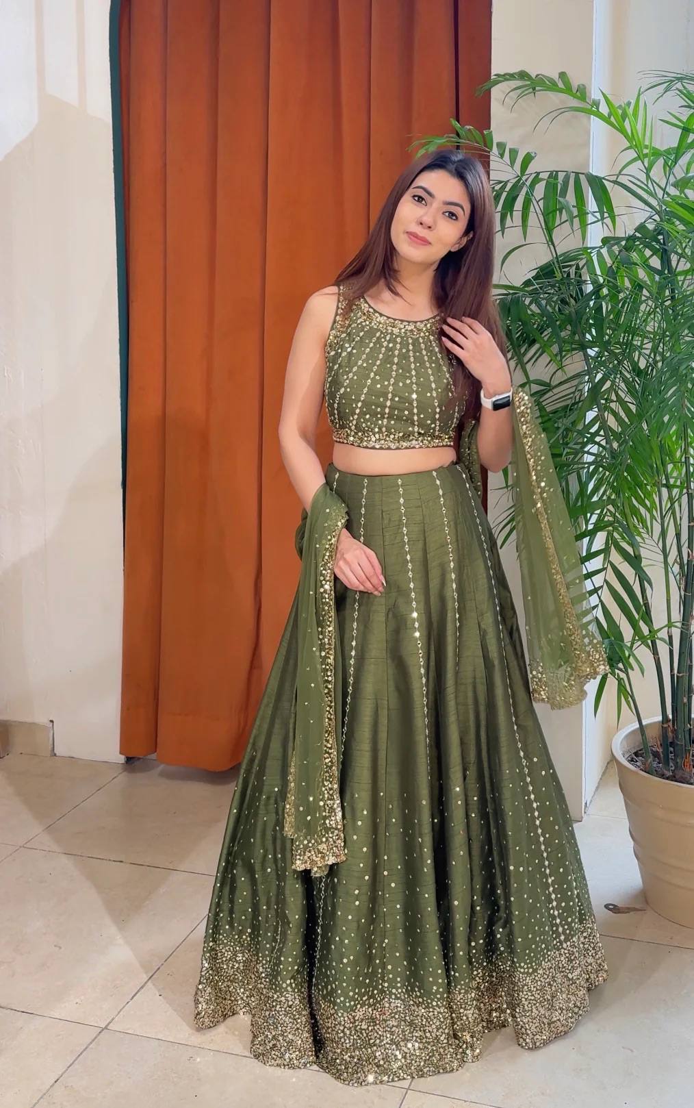 Olive Thai Silk Sequins Lehenga Set