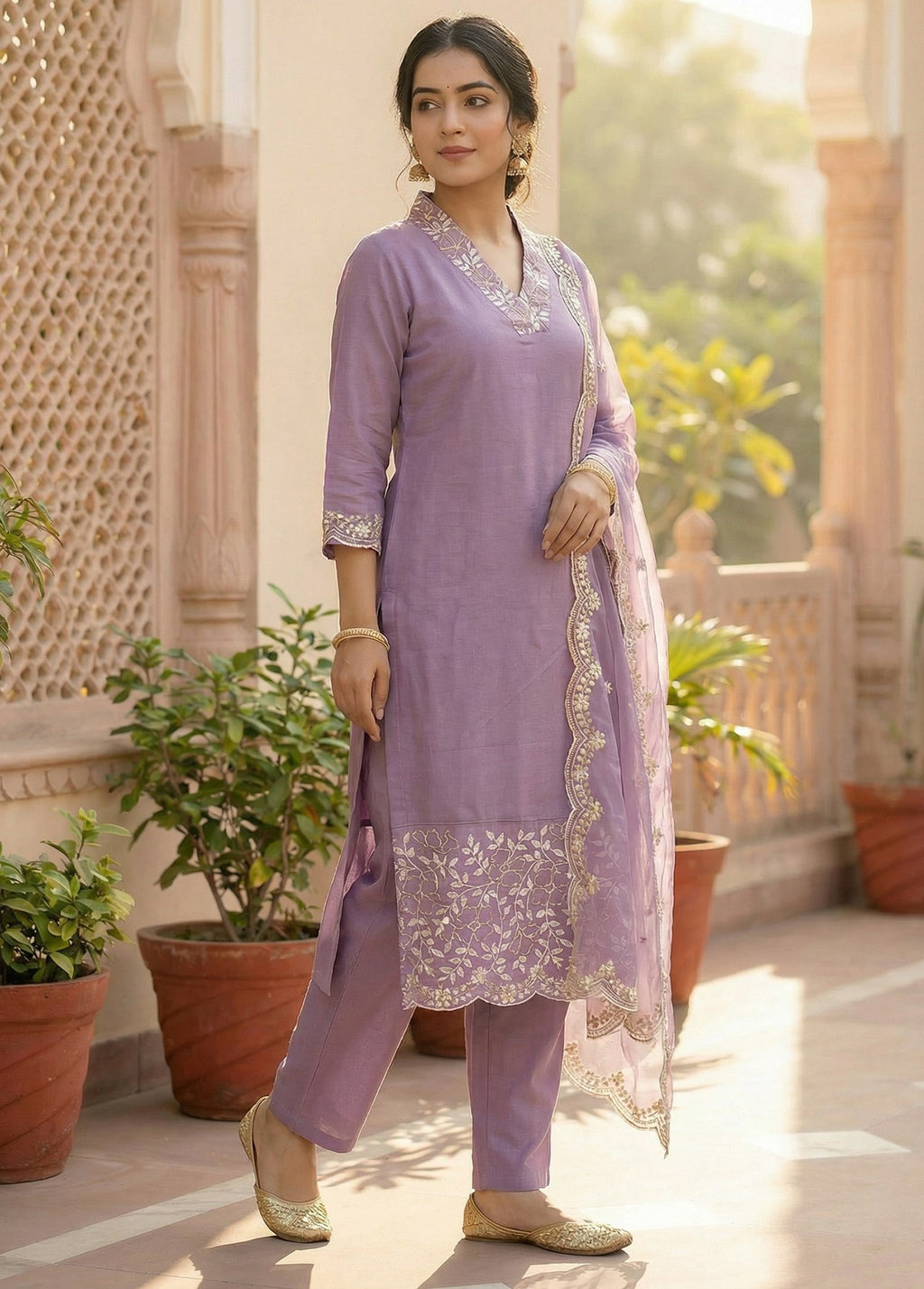 Lavender Embroidered Kurta Pant Dupatta Set