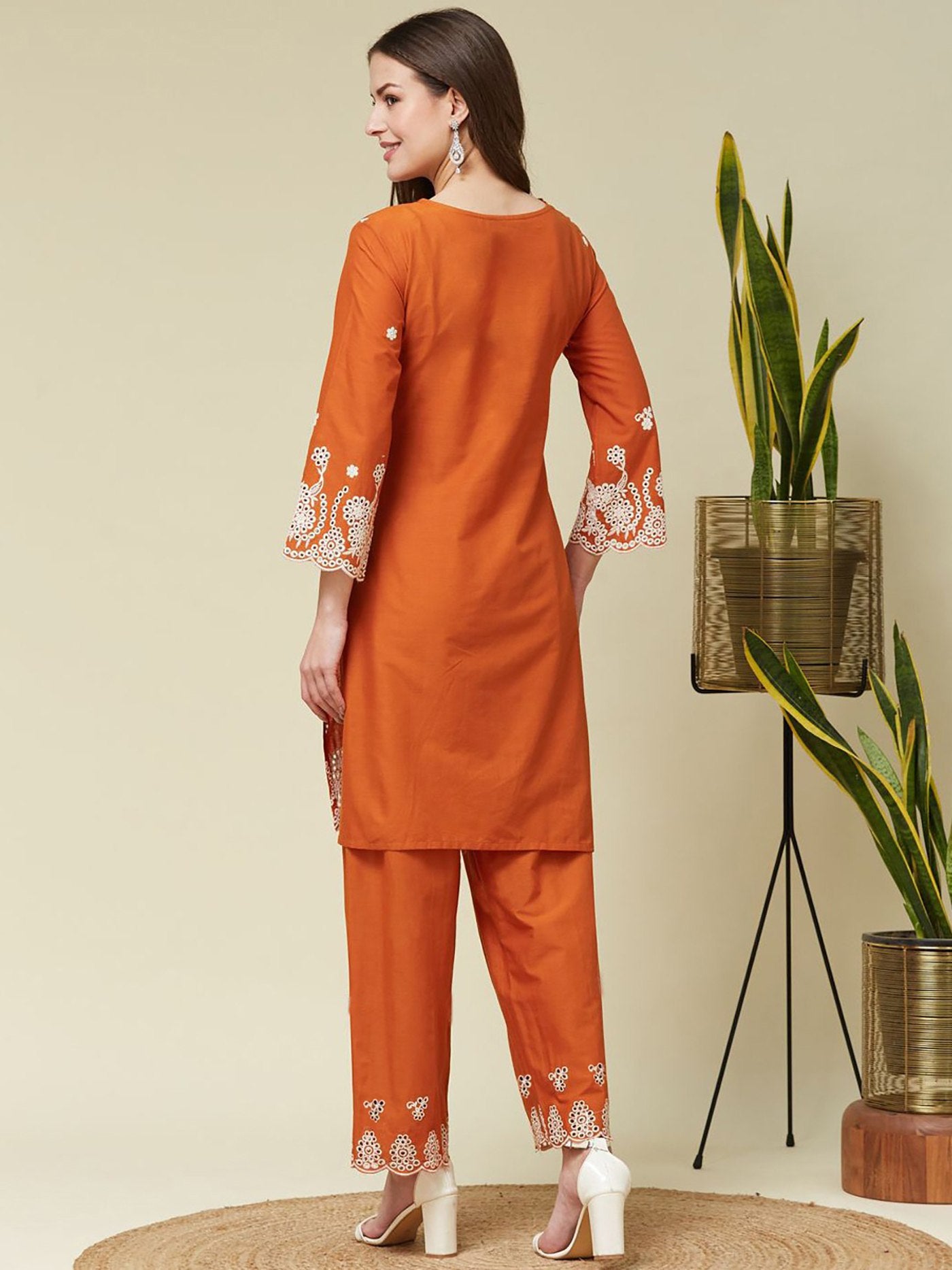 Orange Embroidered Crepe Kurta Co-Ord Set