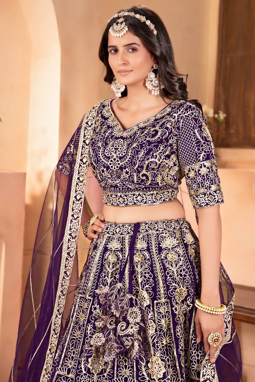 Regal Radiance Wine Net Designer Lehenga Choli