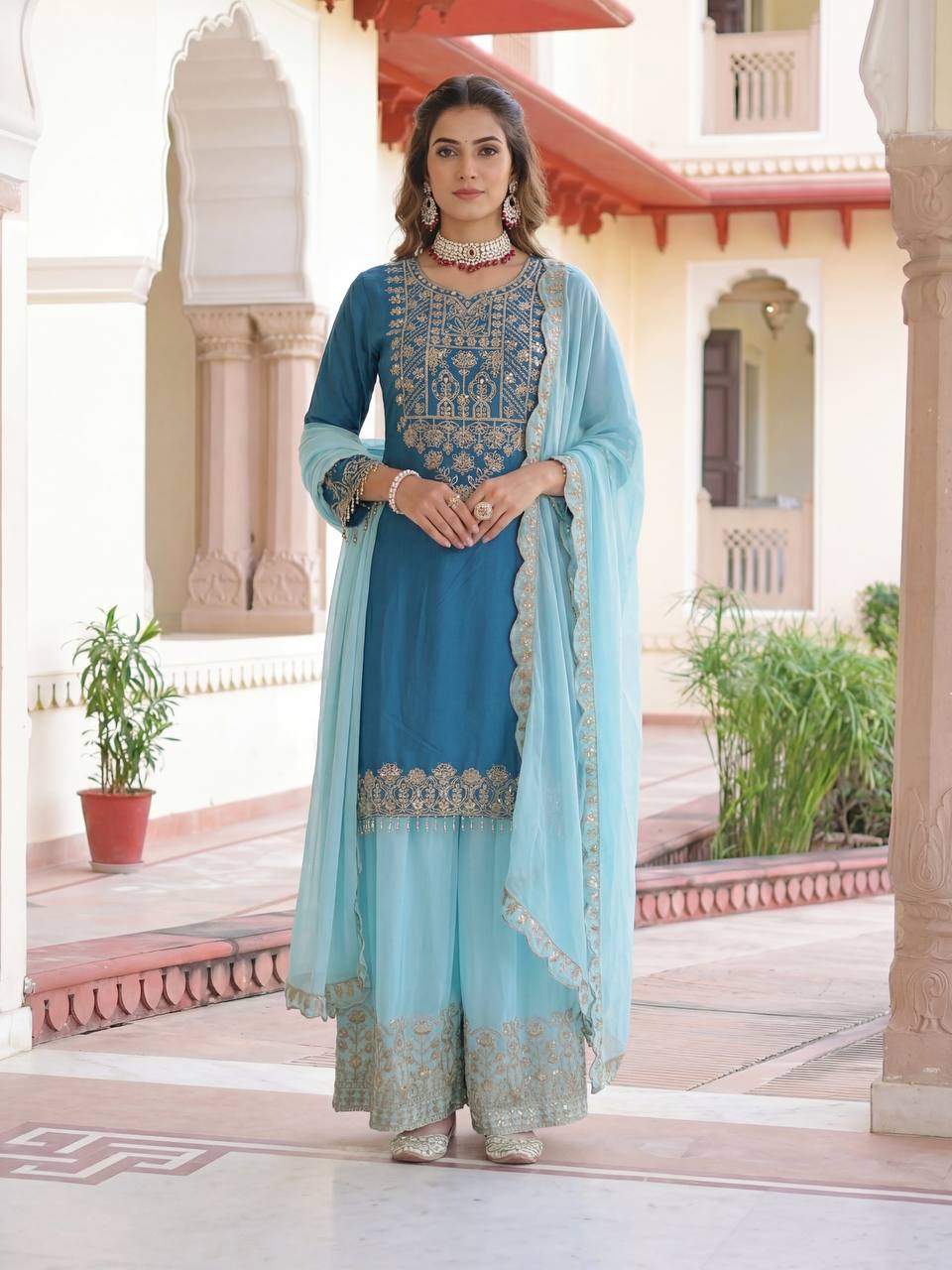 Chinon Silk Embroidered Designer Sharara Set