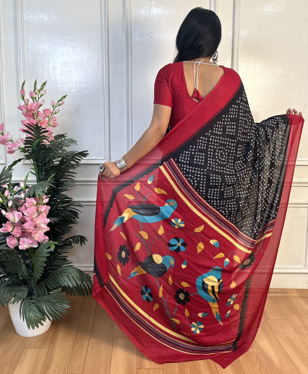 Panchi Bandhani Moss Chiffon Saree