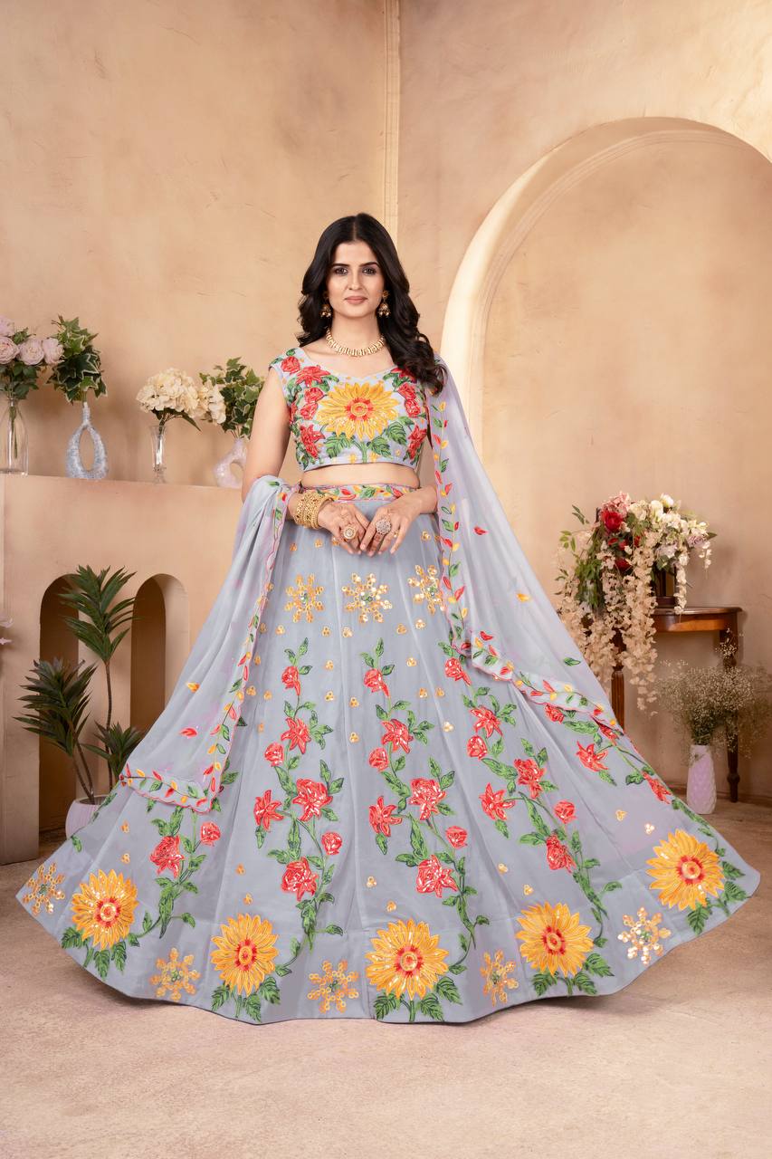 Floral Embroidered Faux Georgette Lehenga Choli