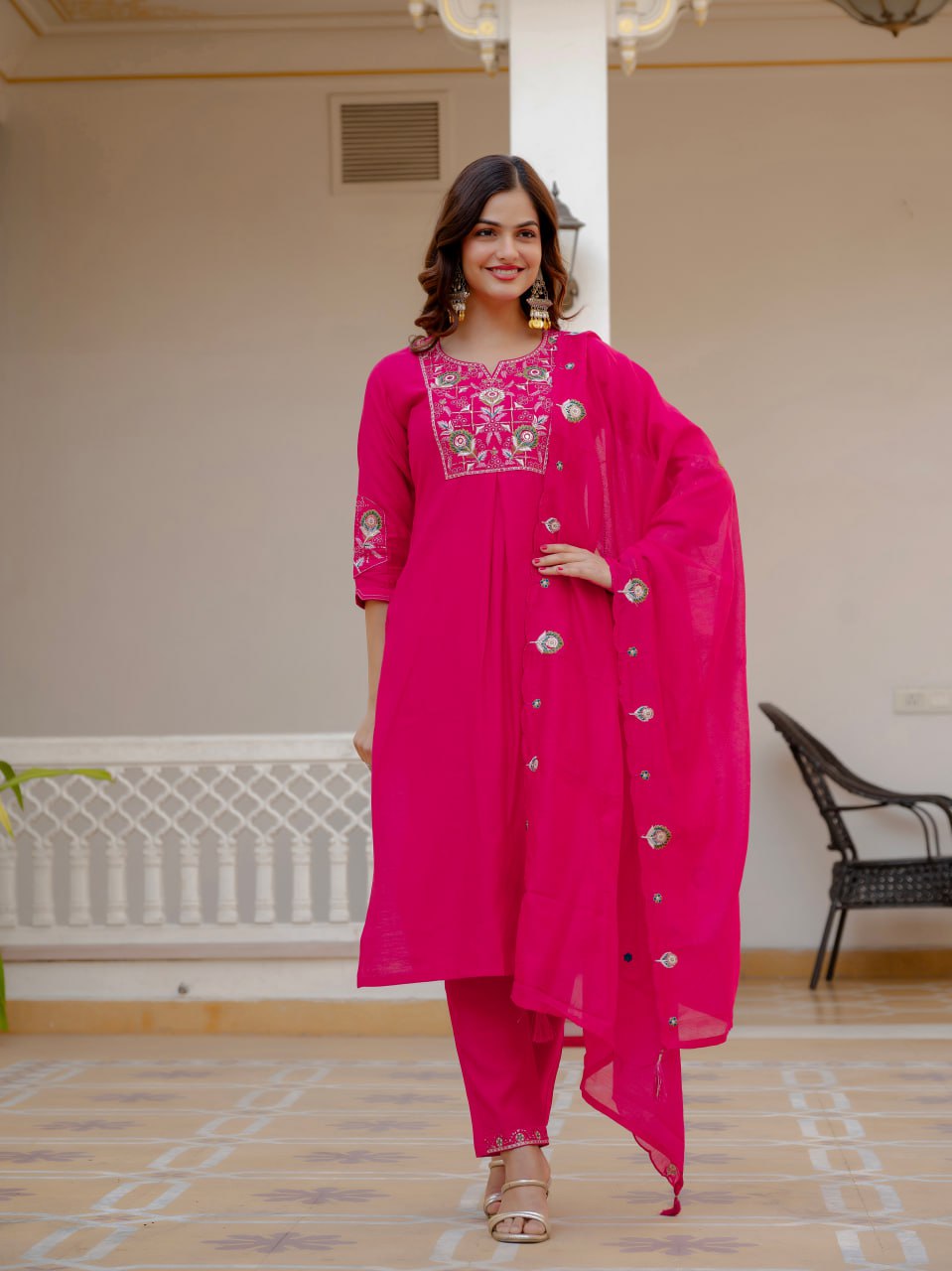 Embroidered Viscose Mango Silk Kurti Pant Set