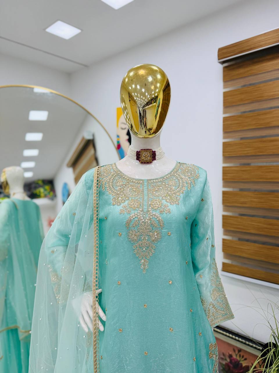 Embroidered Fandy Silk Top Palazzo Dupatta Set